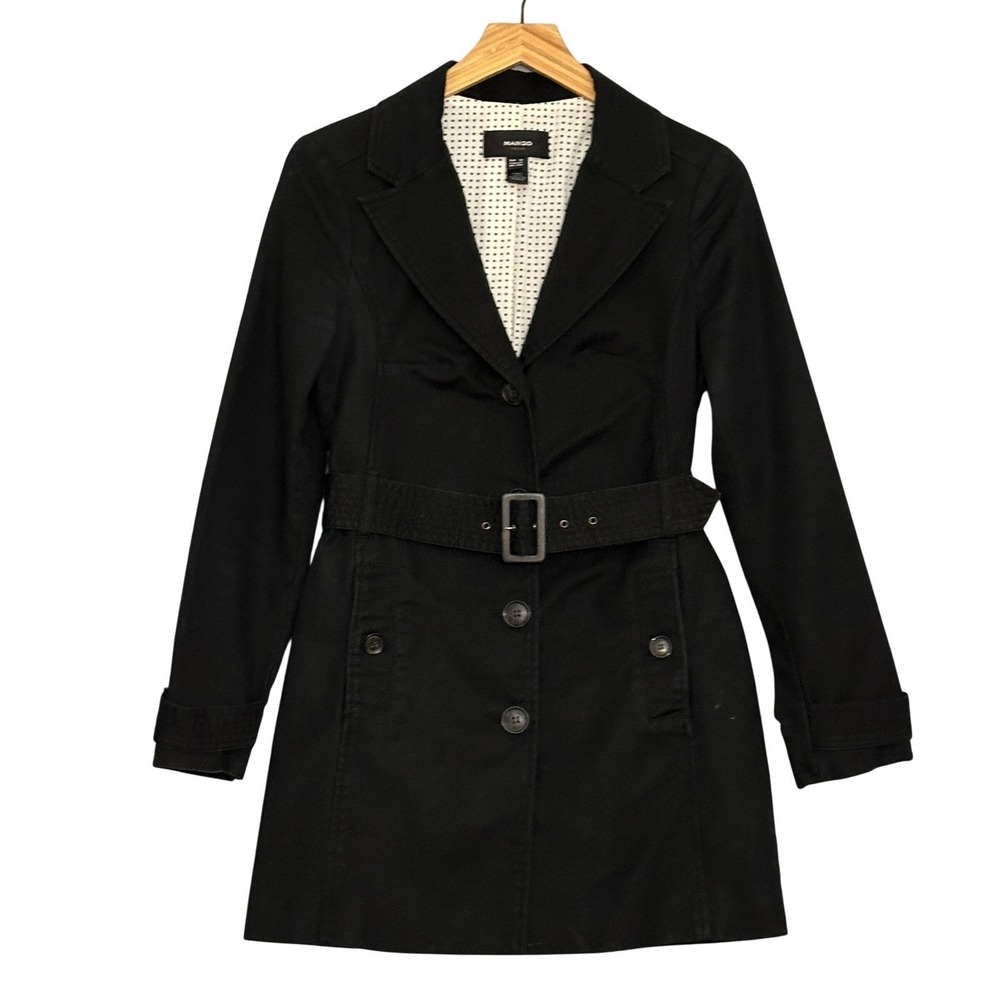 Mango Womens Trench Coat XXS Black Belted Knee Length Dark Academia Classic